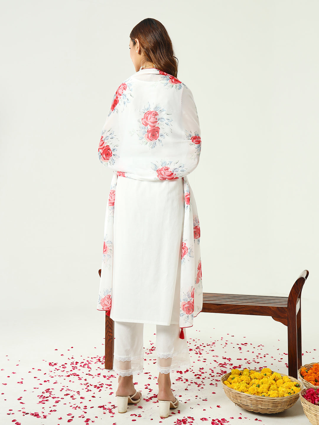 FIORRA Women's White Cotton Straight Kurta and Pant With Dupatta